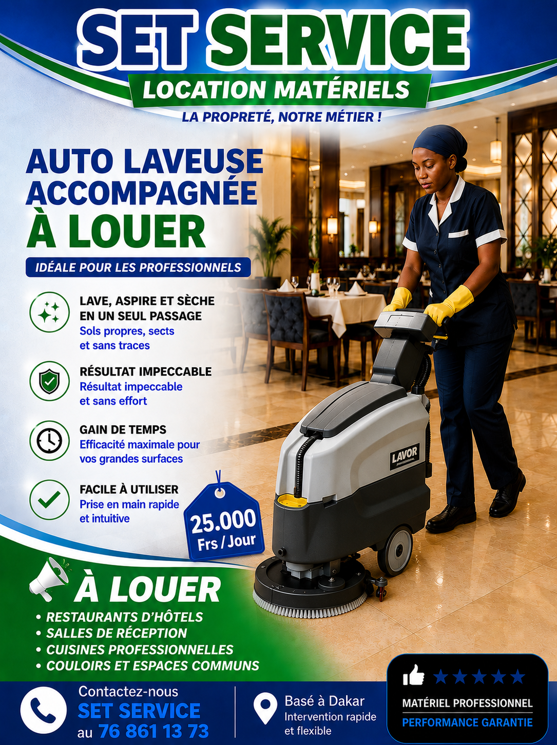 Location autolaveuse pour supermarche, hotel, restaurant, salle au S�n�gal Dakar Thi�s Mbour Saly