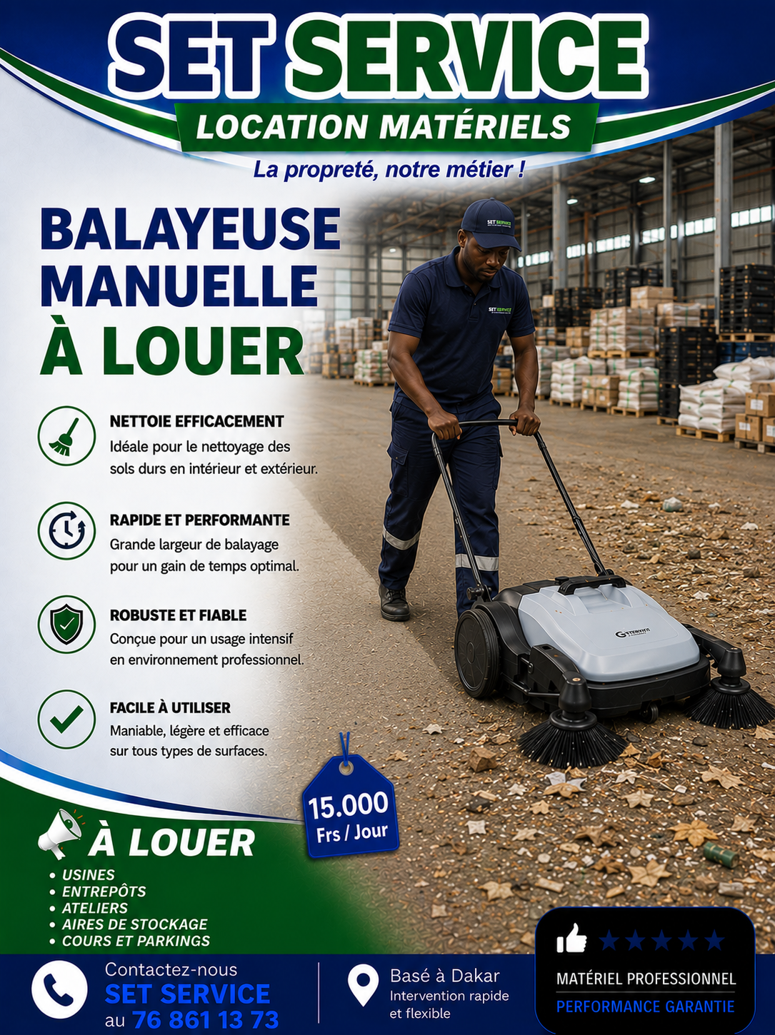 Location balayeuse manuelle feuilles pour fin chantier, entrepot, depot, atelier, hotel au S�n�gal Dakar Thi�s Mbour Saly