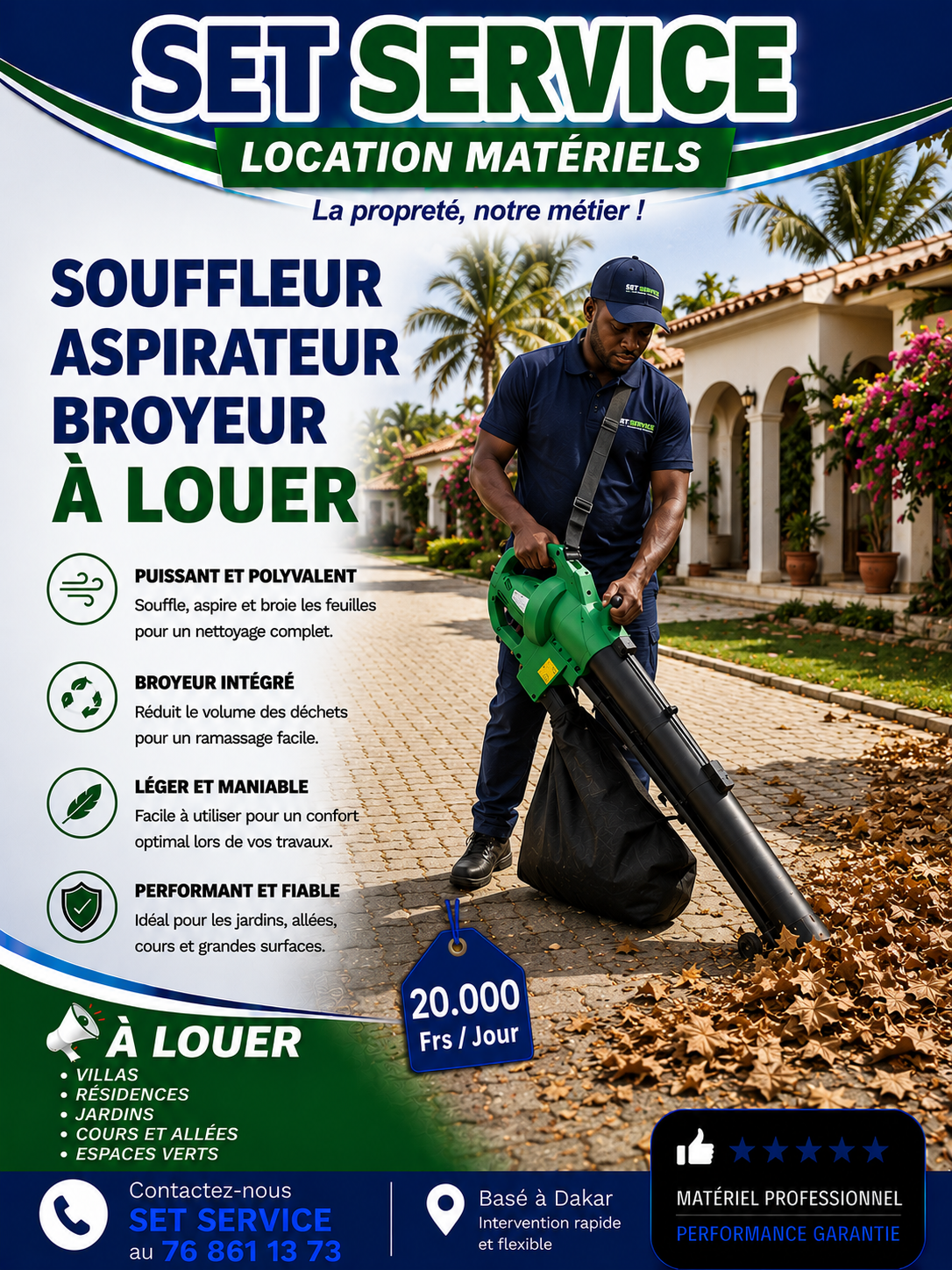 Location souffleur aspirateur broyeur feuilles, jardin, espace-vert, entrepot, depot, atelier au S�n�gal Dakar Thi�s Mbour Saly